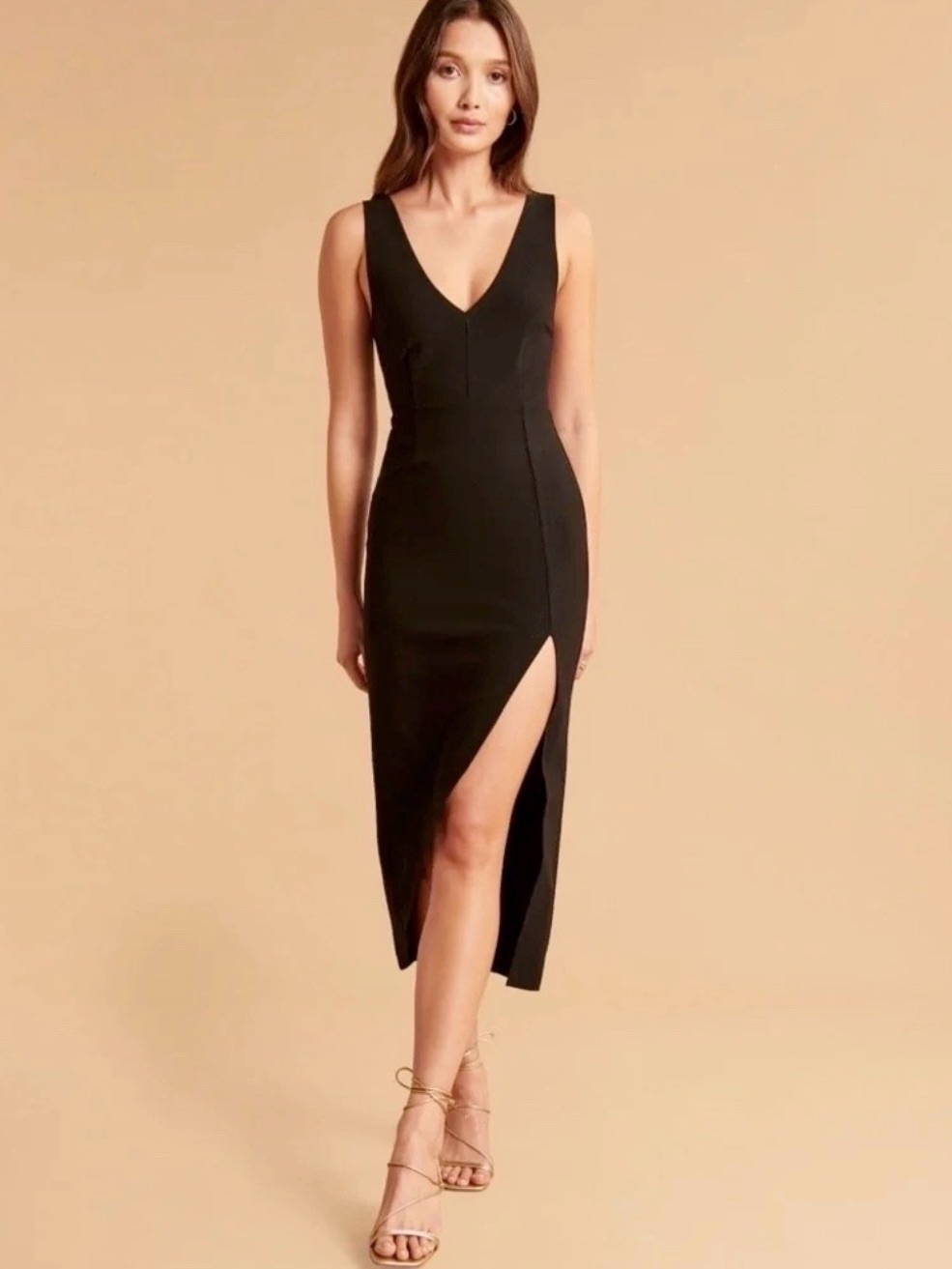 Abercrombie & Fitch Black Crepe Plunge V-Neck Side Slit Midi Dress Sz Xxl